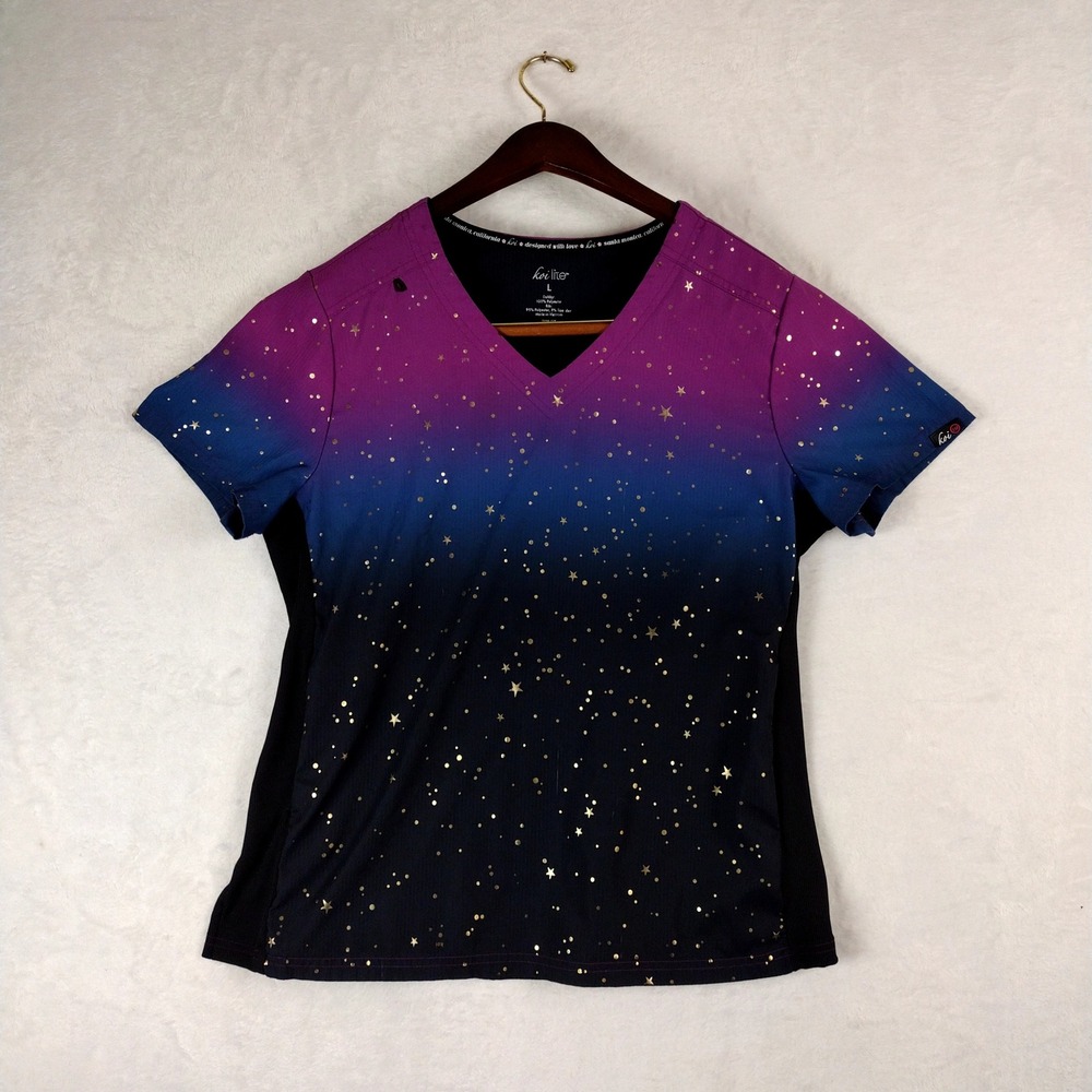 Koi Lite Serenity Scrub Top Womens L Purple Blue Ombre Gold Star Galaxy V-Neck